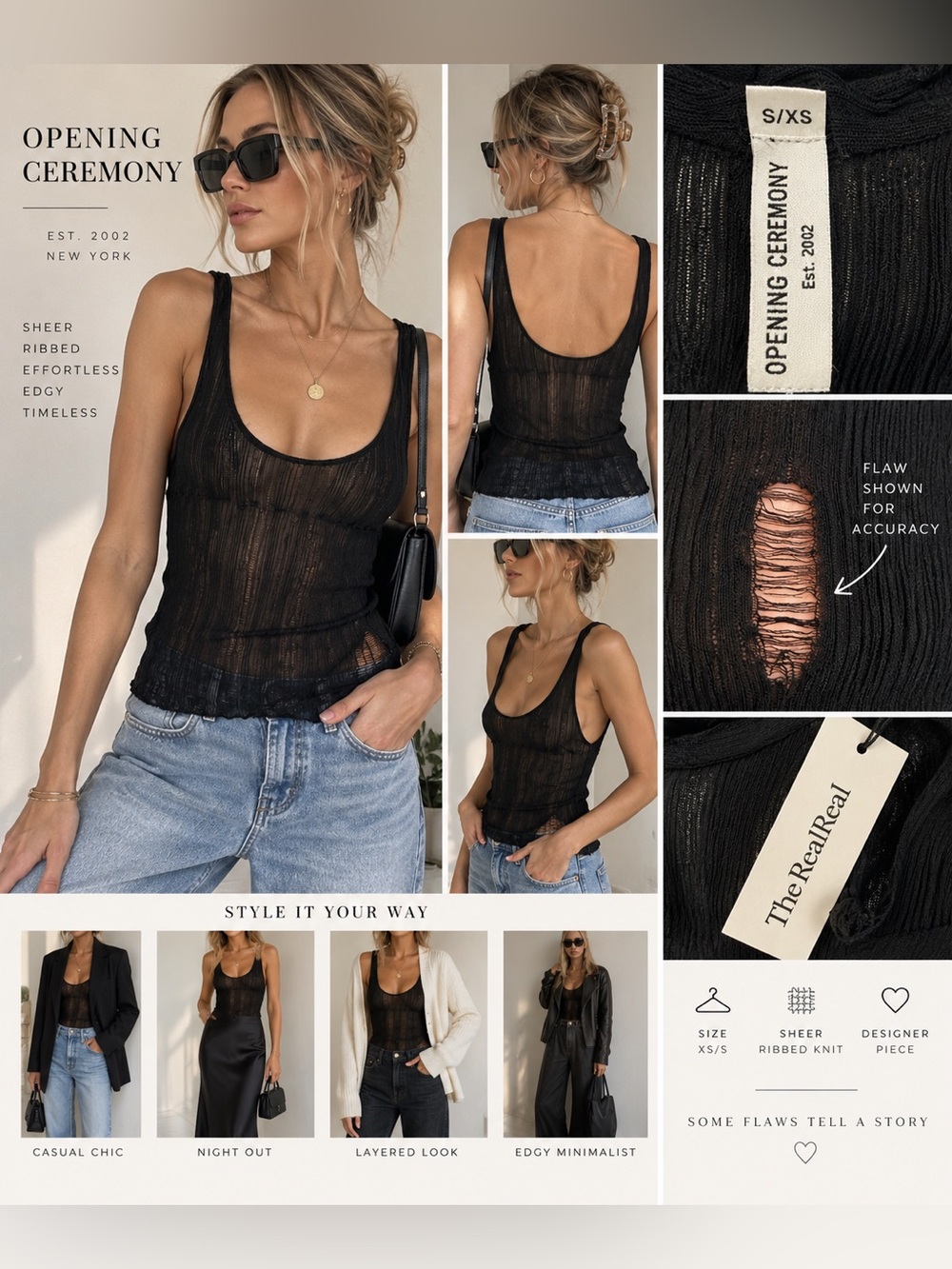 Opening Ceremony Black Sheer Ribbed Scoop Neck Tank Top XS/S Designer